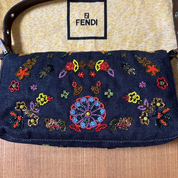 Authentic FENDI FF Denim Ricami Beaded Baguette Floral Blue Abstract Flap Purse - Picture 4 of 14